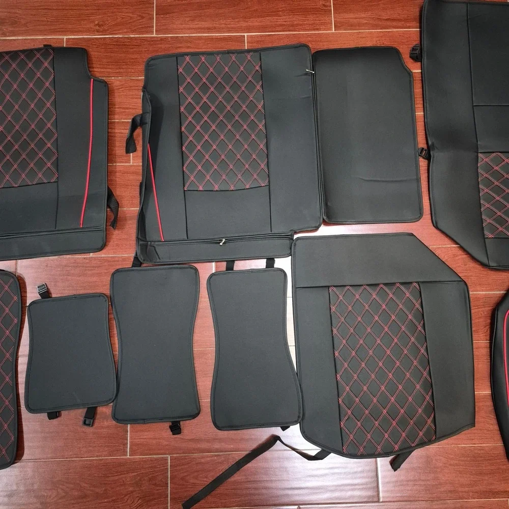 ROCCS‎ Seat Covers Black Faux Leather Red Diamond Stitch Full Set Truck/SUV